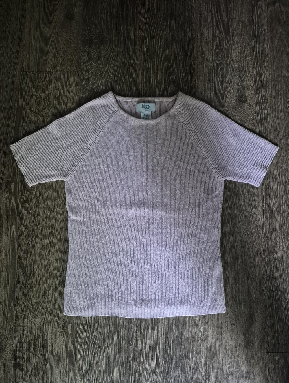 Vintage Togo Petite Lilac Pink Short-Sleeve Cotton Ribbed Knit Top Large L